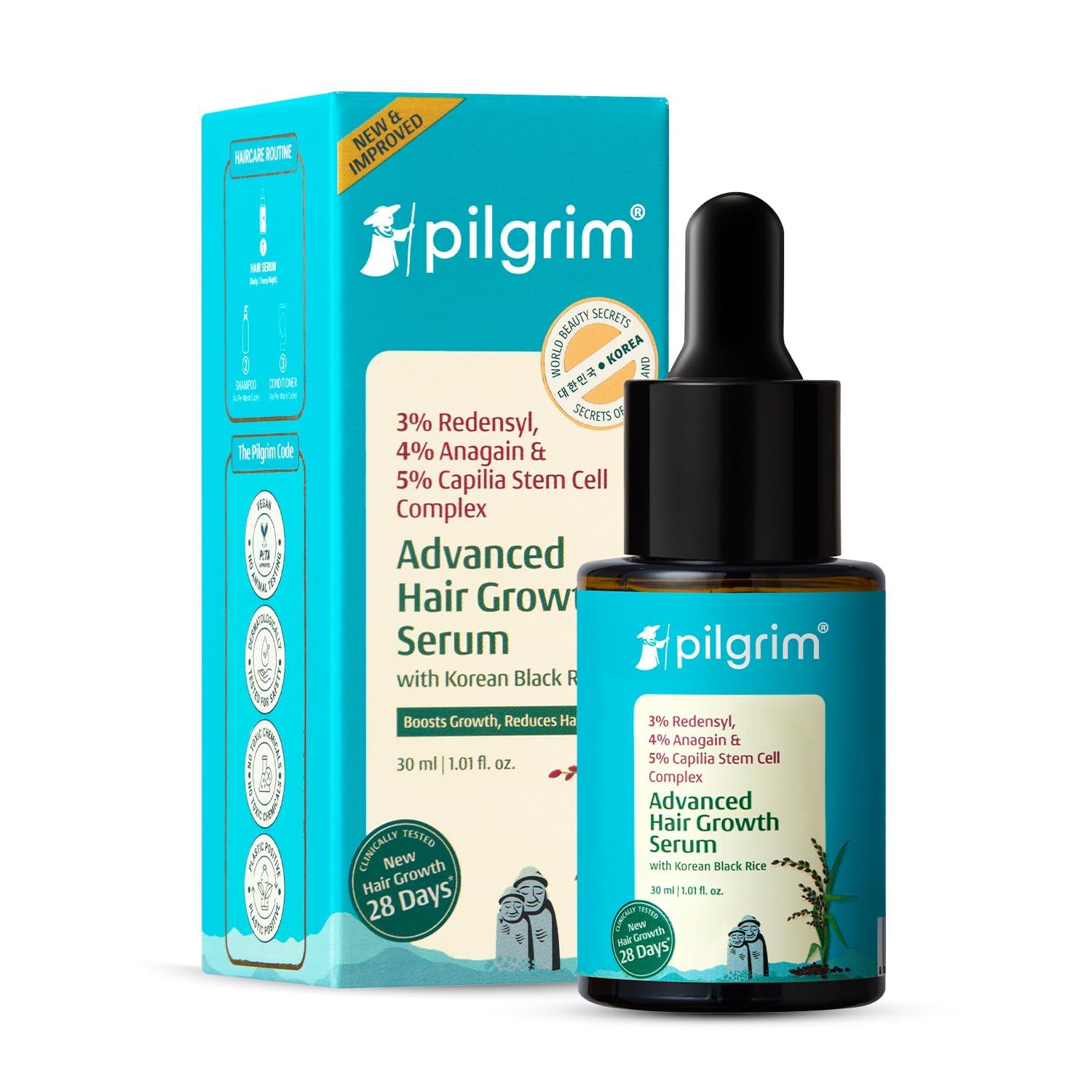 Pilgrim Redensyl 3% + Anagain 4% + Baicapil Advanced Hair Growth Serum (30ml) for Scalp with Korean Black Rice & Rosemary | Control Hair Fall, Stimulate Hair Regrowth, Increase Hair Density