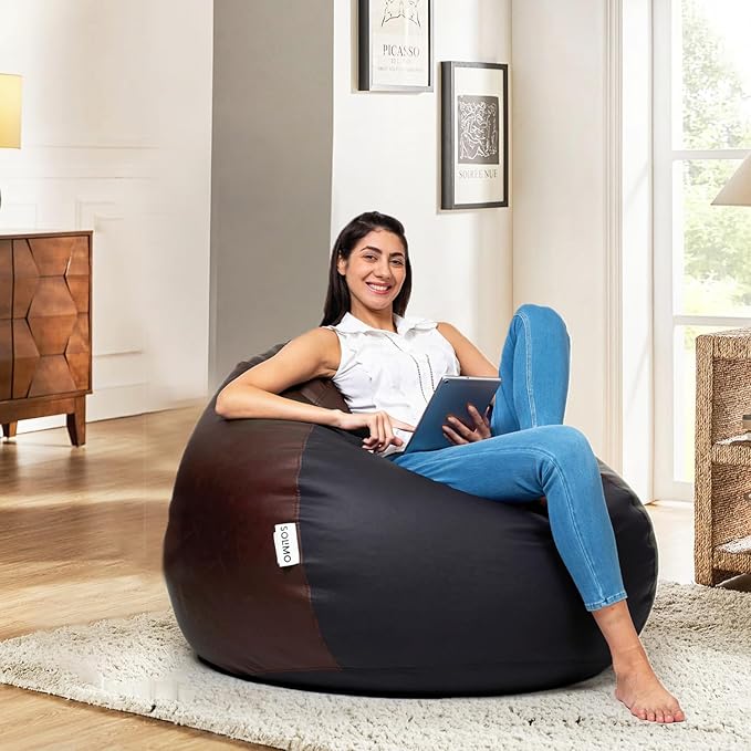 Amazon Brand - Solimo Premium Faux Leather Bean Bag Filled with Beans | Highly Durable, Resistant to Wear and Tear | Capacity: Up to 6' Height, 100 Kg, 2 XL | Black & Brown