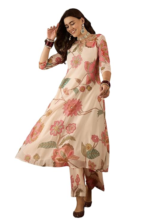 Amazon Brand - Tavasya Women Zari Sequence Embroidery and Digital Prints Kurta Palazzo Set|Salwar Suit|Kurta Set|3 Piece Set