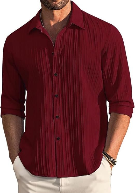 Amazon Brand - INKAST Men's Casual Button Down Shirts Long Sleeve Linen Shirt Fashion Textured Beach Summer Shirt Red (in, Alpha, M, Regular, RED)