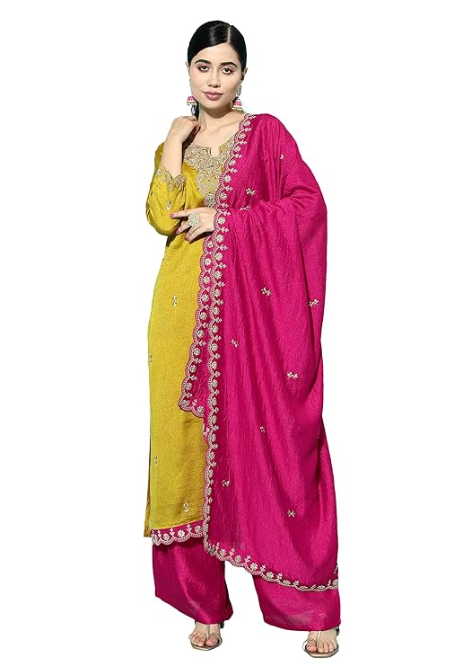 Amazon Brand - Tavasya Women Chinon Silk Straight Kurta Palazzo Set with Dupatta for Women|Ethnic Wear|Salwar Suit|Kurta Set|3 Piece Set