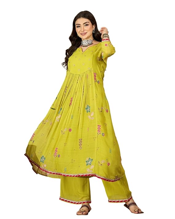 Amazon Brand - Tavasya Women Milky Georgette Zari Sequence Aari Work and Gotapatti Lace Kurta Set|Salwar Suit|3 Piece Set
