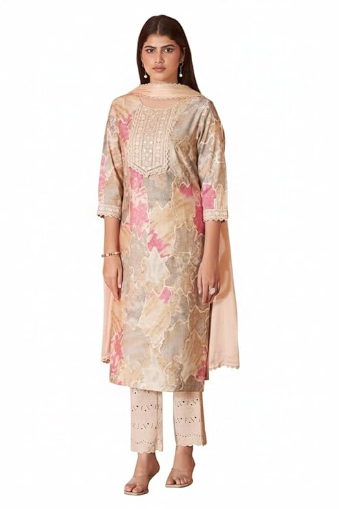 Amazon Brand - Tavasya Womens Abstract Print Regular Fit Kurta Set with Pant & Dupatta | Calf Length | 3/4th Sleeve | Round Neck | Viscose Blend Salwar Suit | Ethnic Wear