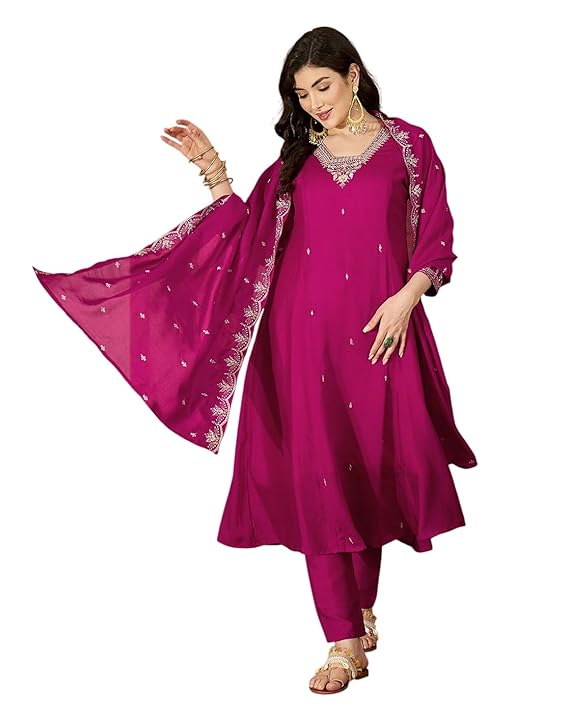 Amazon Brand - Tavasya Women Vichitra Zari Sequence Embroide Kurta with Pant and Dupatta|Salwar Suit|Kurta Set|3 Piece Set