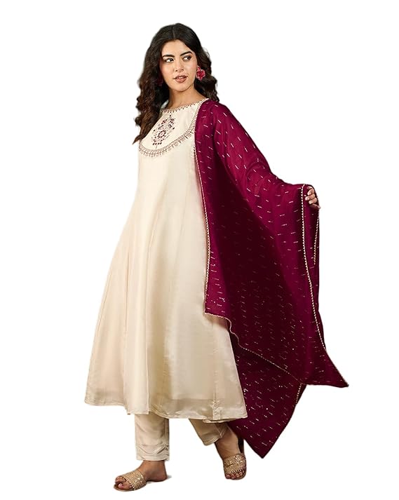 Amazon Brand - Tavasya Women Zari Sequence Embroide Kurta with Pant and Dupatta|Kurta Set|Salwar Suit|3 Piece Set