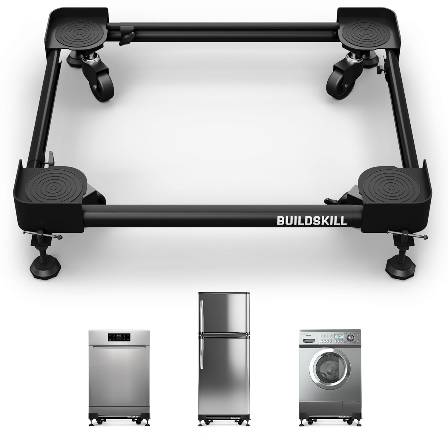 BUILDSKILL Full Metal Washing Machine Stand | 360° Rotating Wheels | Anti-skid Rubber Pads | Compatible with Front & Top Load 7kg-10kg, Refrigerators, Dishwashers, Room Coolers | 160Kg Load Capacity