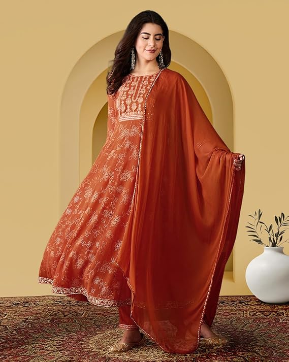 Amazon Brand - Tavasya Women Milky Georgette Zari Sequence Embroidery with Foil Printed Kurta Set|Salwar Suit|3 Piece Set