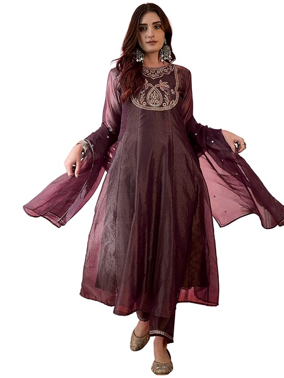 Amazon Brand - Tavasya Women Shimmer Silk Blend Zari Sequence Embroide Kurta with Pant and Dupatta Set|Kurta Set|Salwar Suit|3 Piece Set