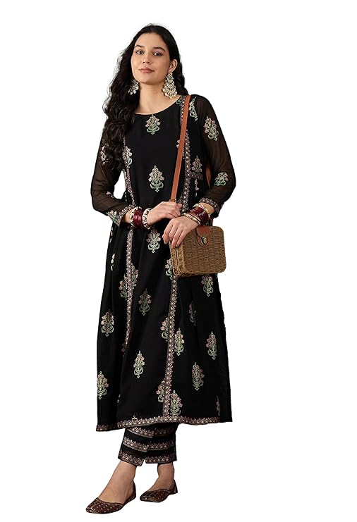 Amazon Brand - Tavasya Women Milky Georgette Foil Printed Kurta Wth Pant Set|Kurta Set|Ethnic Wear|Salwar Suit|3 Piece Set