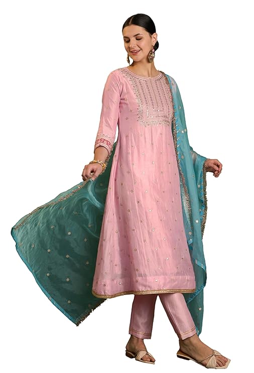 Amazon Brand - Tavasya Women Vichitra Zari Sequence Embroide Kurta with Pant And Dupatta|Salwar Suit|Kurta Set|3 Piece Set