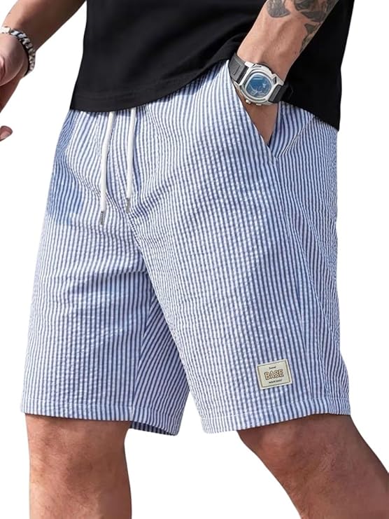 SMOWKLY Men's Cotton Casual Shorts | Elastic Waist with Drawstring | Striped Half Pants for Men | Lightweight & Comfortable for Beach Vacations, Casual Daily Outings & Sleepwear Bermuda Shorts