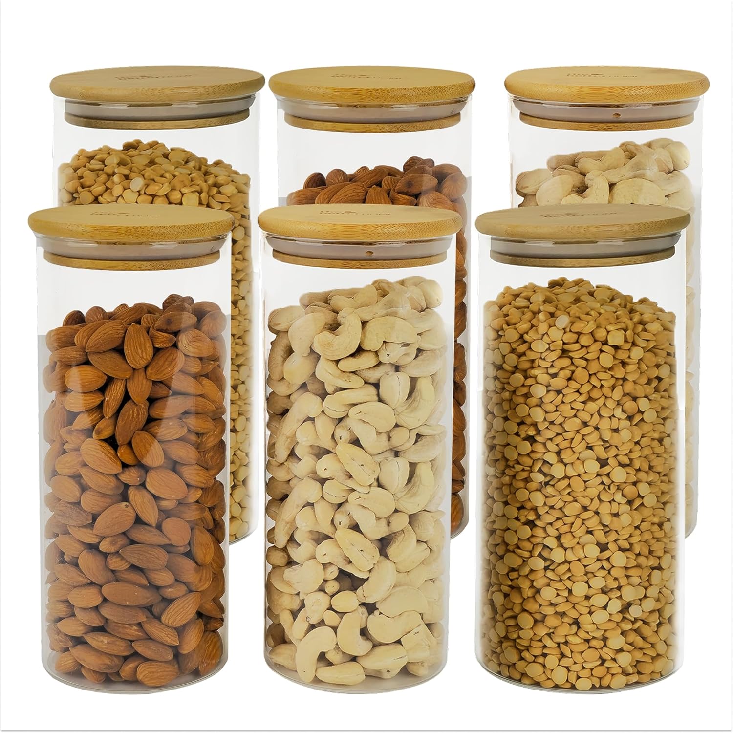 The Better Home Borosilicate Glass Jars with Bamboo Lid I 1000ml Each-Pack of 6 | Transparent Airtight Borosilicate Kitchen Containers Set | Glass Jars for Cookies Snacks Pulses Dry Fruits Nuts |