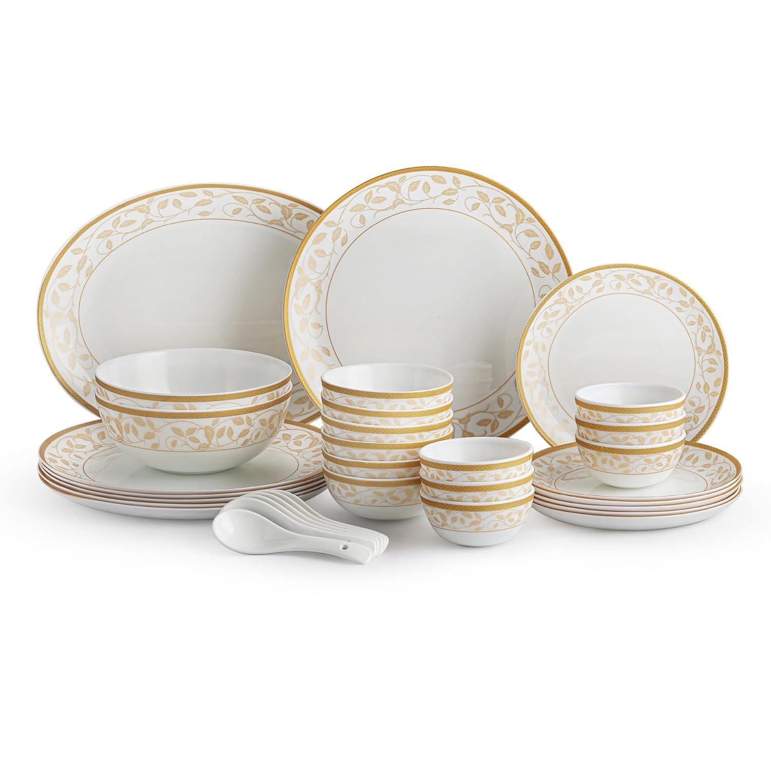Cello Opalware Divine Series Royal Amber Gold 33 Pcs Dinner Set Serving for 6 |Daily Use Opal Glass Crockery Set |Microwave & Dishwasher Safe |Bone Ash-Free, Chip-Resistant | White
