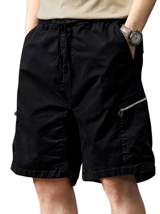 Leriya Fashion Men’s Cotton Cargo Shorts with Elastic Drawstring Waist | Multiple Utility Pockets & Zipper Side Pocket | Summer Shorts for Daily Outfits, Hiking, Trekking & Street Style