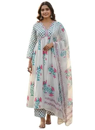 Leriya Fashion Kurta Sets for Woman | Kurti Set for Woman | Anarkali Suit for Women | White Kurta Set for Women with Dupatta | Traditional Anarkali Salwar Suit for Party Outfits Kurtis