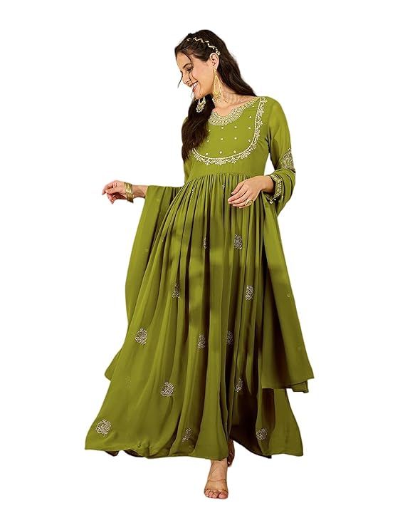 Amazon Brand - Tavasya Women Georgette Zari Sequence Embroidery Kurta Pant Dupatta Set|Kurta Set|Ethnic Wear|Salwar Suit|3 Piece Set