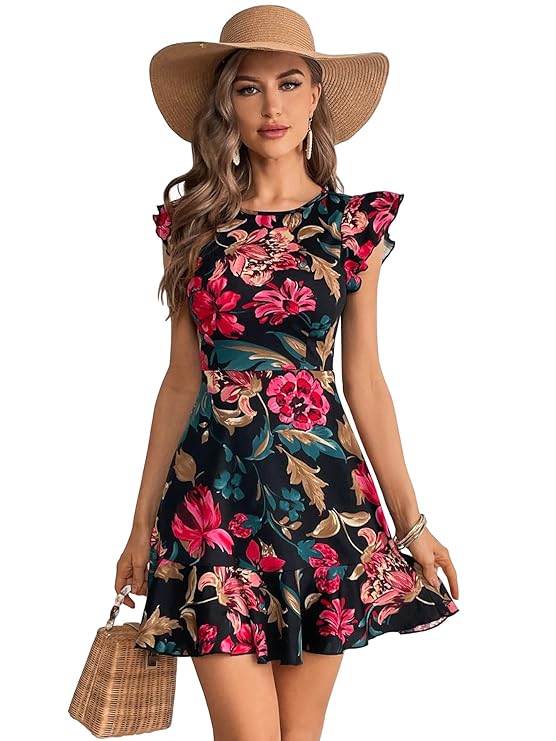 Shasmi Girl's & Women's Floral Print Cap Sleeve Ruffle Trim Short Dress Summer Boho One Piece Mini Dress for Women Stylish Dresses (Midi 170)