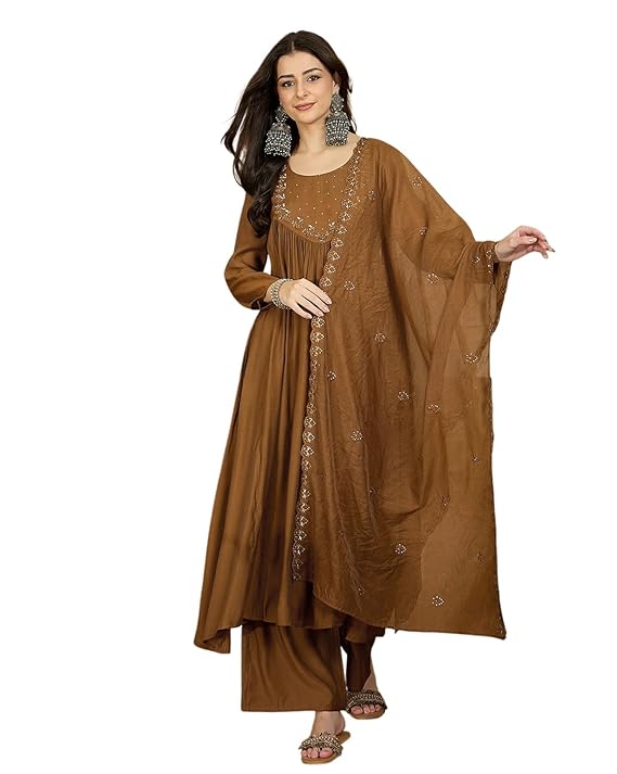 Amazon Brand - Tavasya Women Mal Chanderi Sequence Thread Embroidery Kurta Palazzo Dupatta Set |Kurta Set|Ethnic Wear|Salwar Suit|3 Piece Set