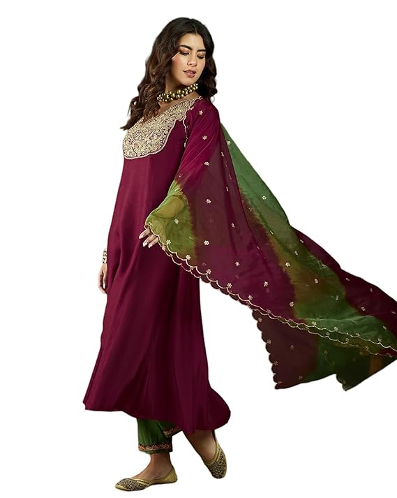 Amazon Brand - Tavasya Women Bitaliyan Zari Sequence Embroide A Line Kurta with Pant And Dupatta|Salwar Suit|Kurta Set|3 Piece Set