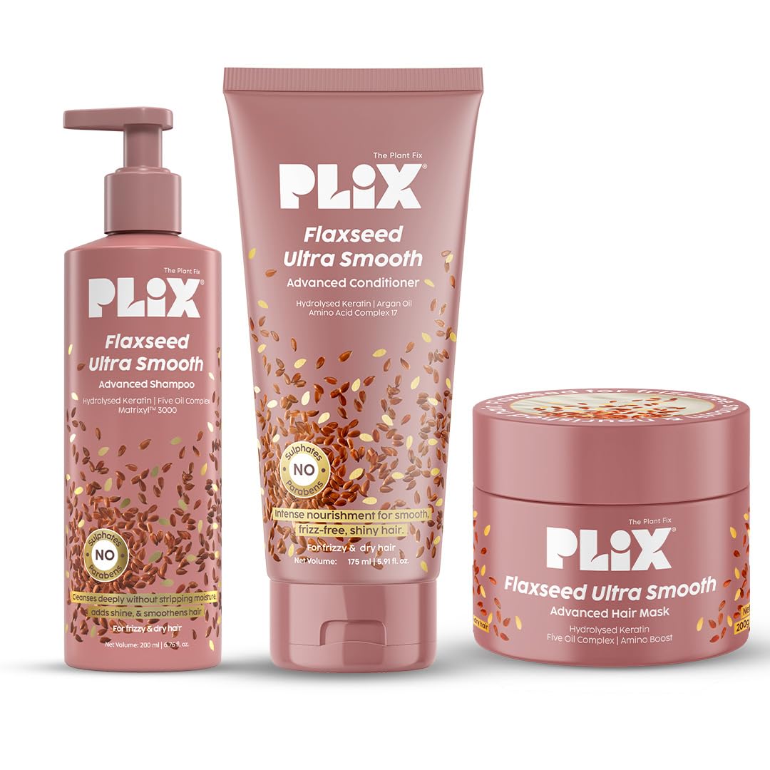 PLIX THE PLANT FIX Flaxseed Keratin Smoothening Mask, Shampoo & Conditioner | Plant Keratin PF | Flaxseed Oil | Softer, Smoother Hair | Pack of 3 | 200gm + 200ml + 175ml |