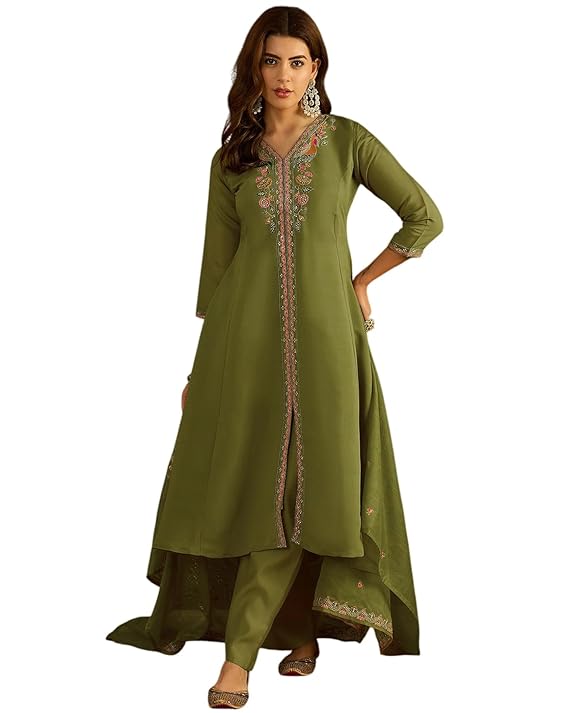 Amazon Brand - Tavasya Women Roman Silk Zari and Sequence Thread Embroidery Kurta Set|Salwar Suit|3 Piece Set