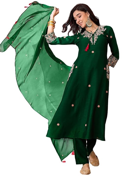 Amazon Brand - Tavasya Women Vichitra Thread Zari Sequence Embroide Kurta pant and dupatta|Kurta Set|Salwar Suit|3 Piece Set