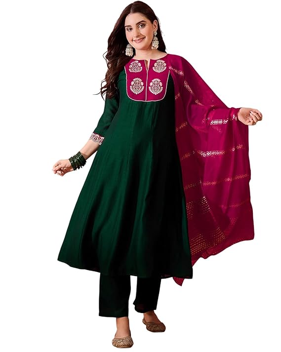 Amazon Brand - Tavasya Women Vichitra Zari Sequence Thread Embroidery Kurta with Pant and Dupatta Set|Kurta Set|Salwar Suit|3 Piece Set