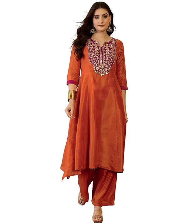 Amazon Brand - Tavasya Women Cosmos Zari Sequence Embroidery with Ginni Kurta Pant Set|Kurta Set|Salwar Suit|3 Piece Set