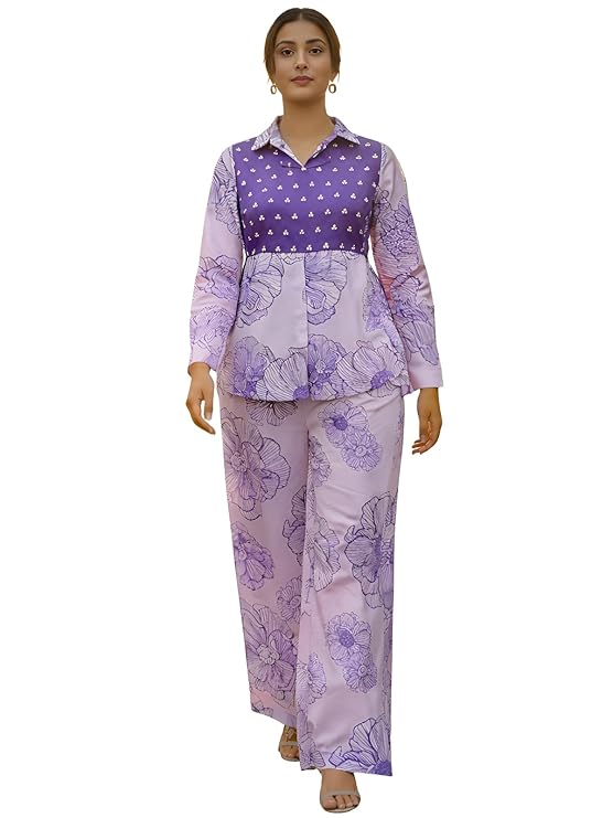 Leriya Fashion Co Ord Set for Women Stylish | 3 Piece Kurti Set for Women | Dress for Woman | Printed Co-Ord Set with Collar Neck | Kurta Sets for Woman | Summer Full Sleeve Top Pant Outfits