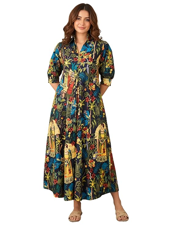 Leriya Fashion Dress for Woman Rayon Printed Maxi Dress | V Neck Half Sleeve Flared Casual & Party Look Long Dress