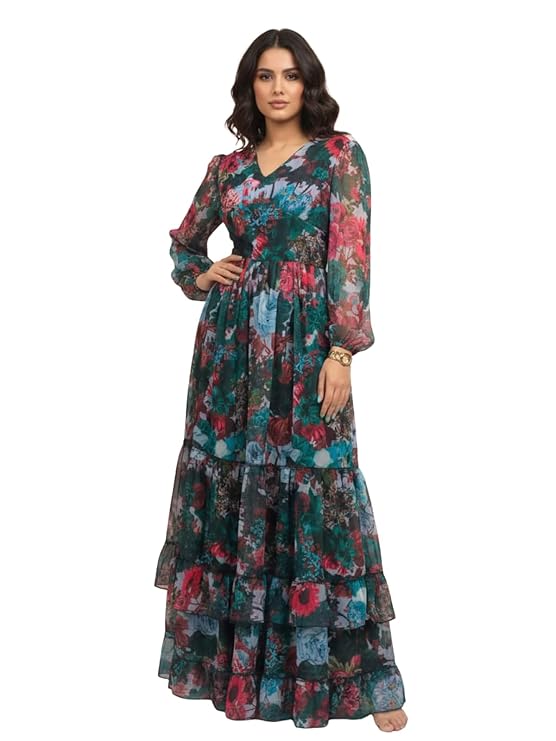 GRECIILOOKS Women’s Georgette Floral Maxi Dress with V-Neck & Long Sleeves | Lightweight Tiered Flowy Gown for Party, Festive, Wedding Guest