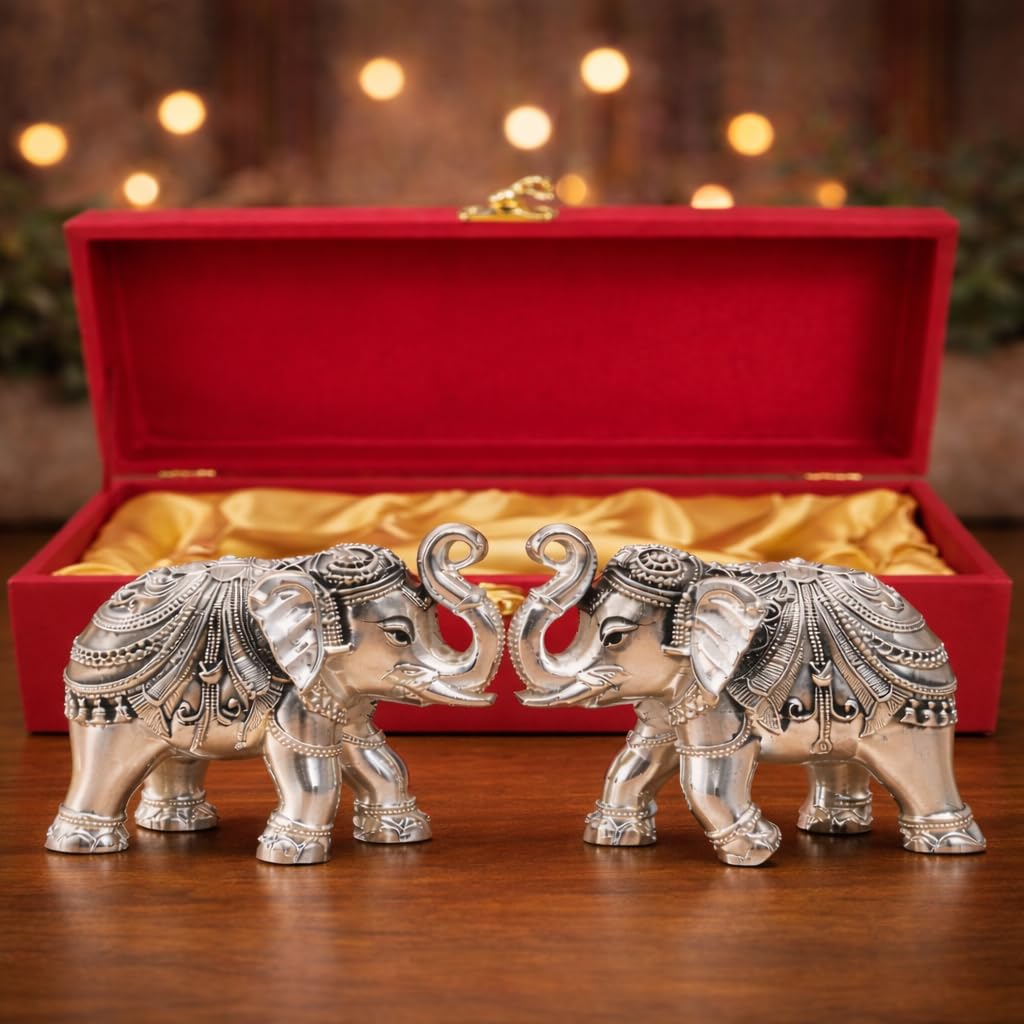 Decorative Pure Silver Plated Elephant Figurine, 3inches, Antique Design, Home Décor | Elephant Idol for Home,Office, Gifting & Good Luck Vastu Statue (Pack of 2)