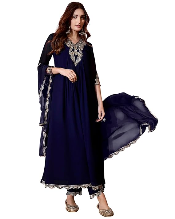 Amazon Brand - Tavasya Women Poly Georgette Zari Sequence Embroidered Kurta With Pant And Dupatta | Salwar Suit | Kurta Set