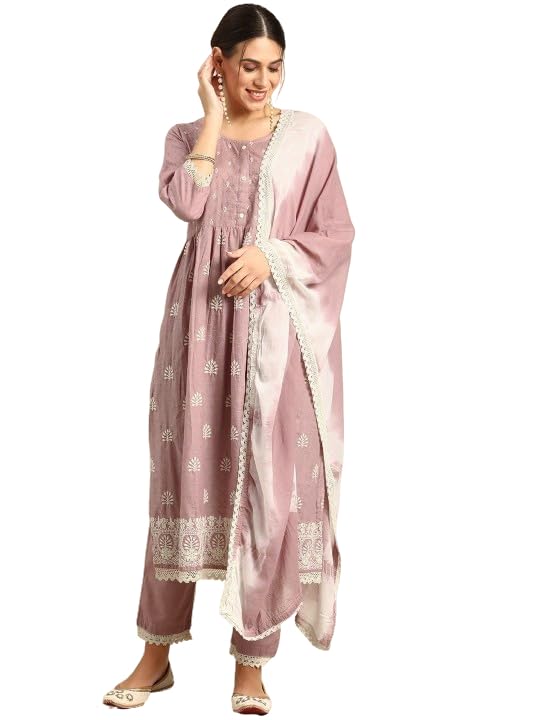 Amazon Brand - Tavasya Womens Embroidered Kurta Pant Set With Trousers With Prinred With Lace Dupatta