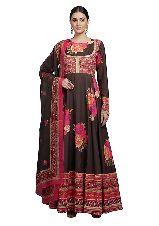 Leriya Fashion Women’s Ethnic Anarkali Kurti with Dupatta | Printed Long Flared Kurta | Two Piece Gown Set for Women | Festive, Wedding, Party