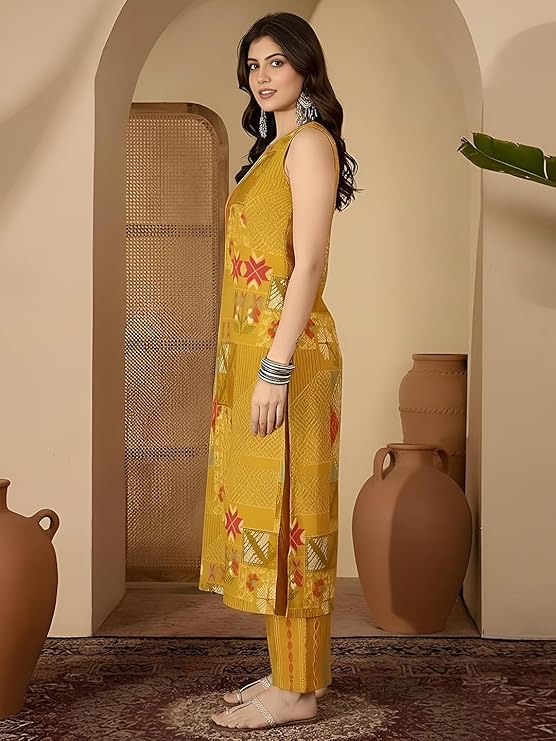 Pinkmint Women’s Pure Cambric Cotton Kurta Set | Sleeveless Printed Kurta with Pant | Summer Wear Co-Ord Set | Plus Casual