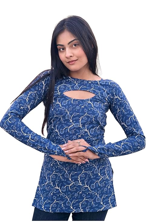 Women Cream Safari Print Kurti Top Cotton | Full Sleeve Cut-Out Neck Long Tunic for Casual Wear