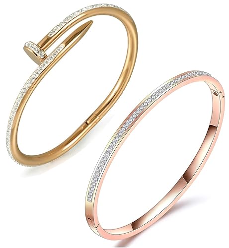 Shining Diva Fashion 2 PCS Combo 18K Gold Plated Stainless Steel Openable Crystal Bracelet | Latest Stylish Cuff Bangle | Friendship Couple Wedding Gifts for Mother Sister Wife Girlfriend | Anti Tarnish Jewellery