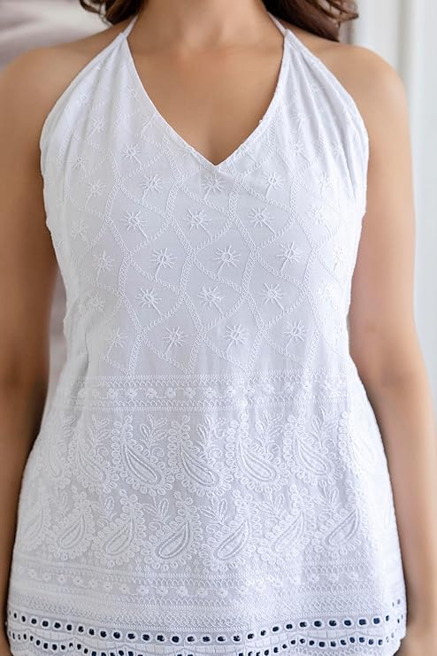 Women White Chikankari Halter Neck Backless Kurti Top with Tie-Up Back, Sleeveless Ethnic Cotton Wear