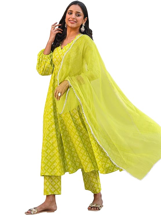 Pinkmint Straight Cut Muslin Kurta & Pant with Dupatta for Women l Ethnic Suit with Long Puff Sleeve Kurta Set's