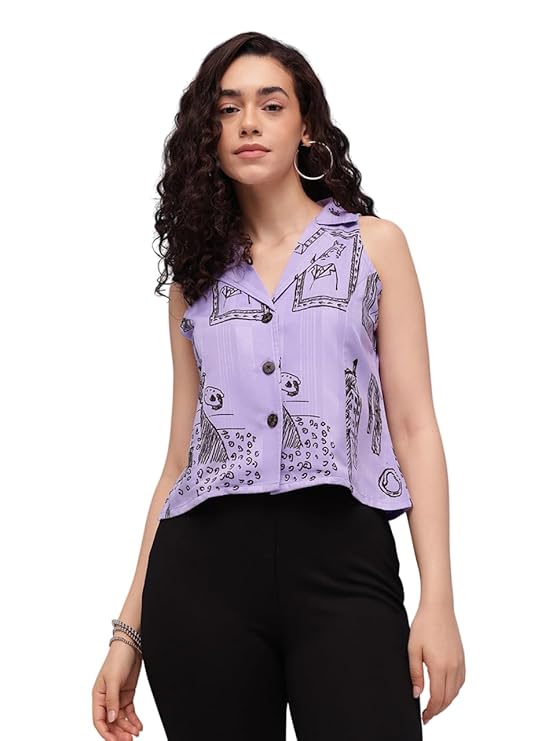 Amazon Brand - INKAST Women Doodle Printed Sleeveless Tunic Top|Camp Collar Button-Down Casual Wear|