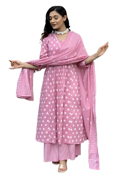 Pinkmint Polka Dot Printed Anarkali Muslin Kurta Set with Striped Palazzo & Dupatta Set for Women Elgant Festive & Casual wear