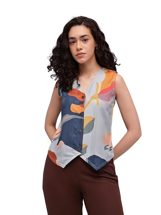 Amazon Brand - INKAST Women Sleeveless Button-Down Vest|V-Neck Waistcoat Blouse with Pointed Hem|Casual Wear|