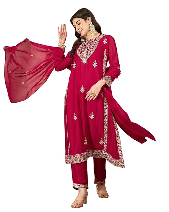 Amazon Brand - Tavasya Women Vichitra zari Sequence Thread Cording Embroide Kurta with pant and Dupatta|Salwar Suit|Kurta Set|3 Piece Set
