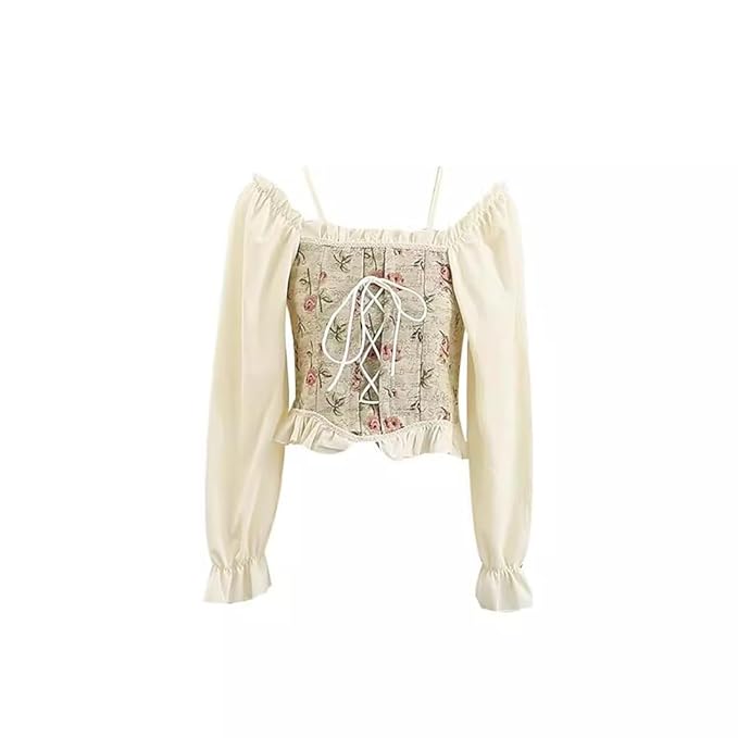 ICW Women Korean Retro Style Vintage Floral Jacquard Lace-Up Off-The-Shoulder Smock Puff Sleeve Ruffled Crop Blouse Corset Top Dn81 (One Size XS-S) 2403