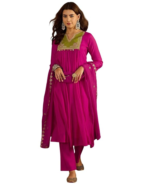 Amazon Brand - Tavasya Women Mal Chanderi Zari, Sequence and Cording Embroidery Kurta Set|Salwar Suit|3 Piece Set