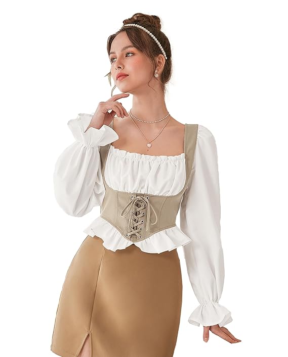 ICW Women French Style Retro Vintage Lace-Up Layered Fake Two-Piece Puff Sleeve Ruffled Crop Blouse Corset Top Dn88