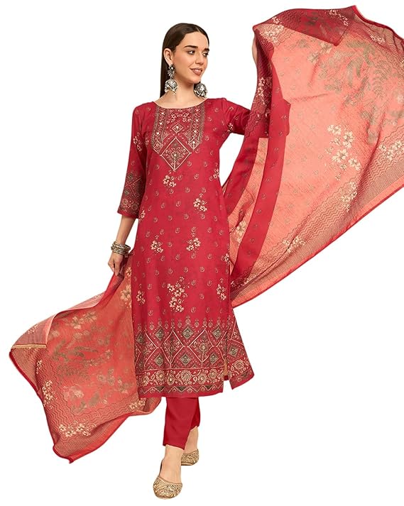 Amazon Brand - Tavasya Women Rayon Aari hand Work With Digital Print Kurta With Pant And Dupatta | Salwar Suit | Kurta Set