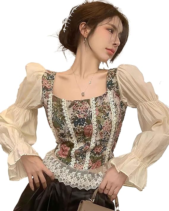 ICW Women French Retro Style Floral Jacquard Square Neck Smock Long Puff Sleeve Ruffled Crop Blouse Corset Top Dn139