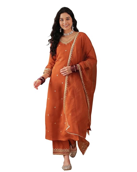 Amazon Brand - Tavasya Women Silk Blend Zari Sequence Embroidered Kurta With Pant And Dupatta |Ethnic Wear